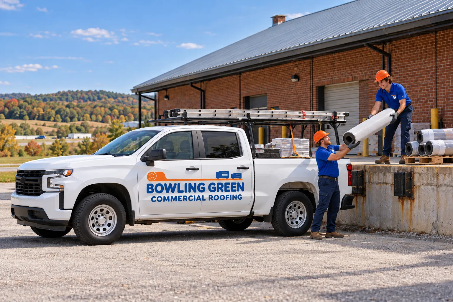 Roofing truck staged beside a commercial building before roof work